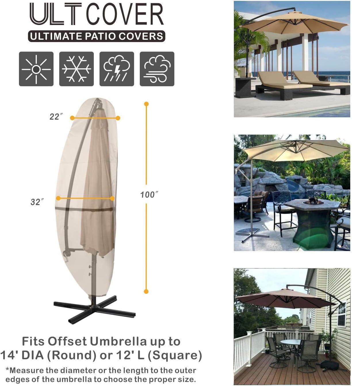 ULTCOVER Patio Umbrella Cover - 600D Waterproof Outdoor Offset Banana Style Umbrella Cover - Fits Cantilever Offset Umbrella 12-14 Feet : Garden & Outdoor