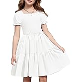 Arshiner Girls Summer Dress Tie Back Short Sleeve Square Neck Tiered Midi Casual Dresses with Pockets