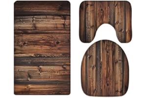 A.Monamour Old Rustic Wooden Planks Wood Texture Backgrounds Art Decors Soft Flannel Cloth Washable Bath Mat Rug Set Toilet Seat Covers Toilet Lid Covers Cushions Toilet Accessories