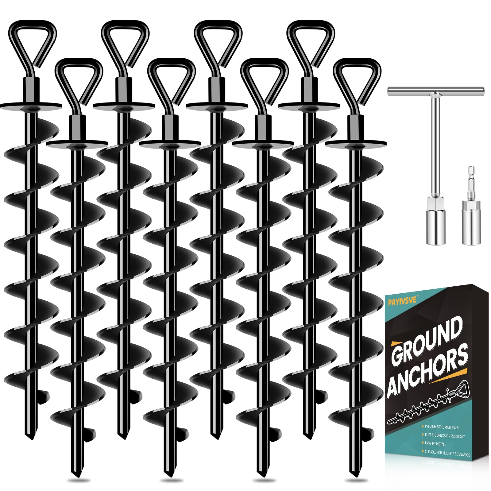Photo 1 of Payivsve Ground Anchors Screw in, Heavy Duty Ground Trampoline Stakes High Wind Tent Stakes for Tent, Trampoline, Gazebo, Carport, Trap Anchor, Canopies, Swing Set(Black-8x15)