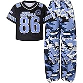RoseSeek Girl's 2 Piece Outfits Graphic Jersey Shirts and Camouflage Sweatpants Streewear Sets