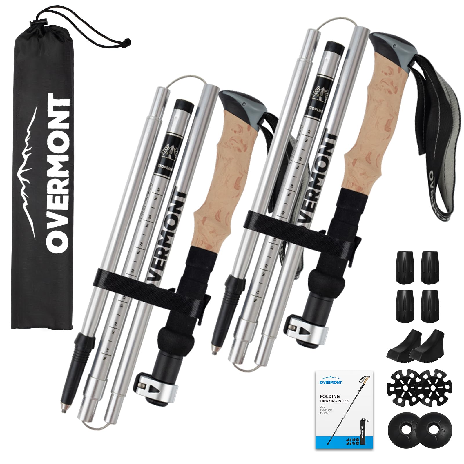 Overmont Walking Poles - 2pcs Collapsible Ultralight Aluminum Walking Sticks for Women Men Seniors with EVA Cork Handle,Trekking Poles Foldable, For Hiking, Camping, Mountaining, Backpacking Silver