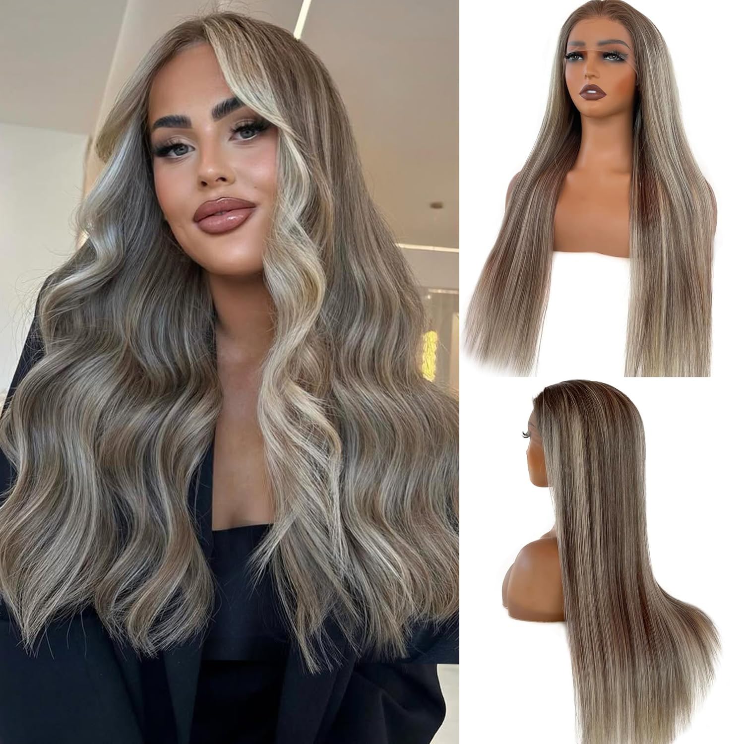 Photo 1 of Highlight Ombre Bleach Blonde Lace Front Wigs for Women, 13x6 HD Lace Frontal Human Hair Wig Balayage Walnut Brown Mixed #613 Blonde Glueless Pre Plucked 18 Inch 150% Density Wigs with Tiny Knots