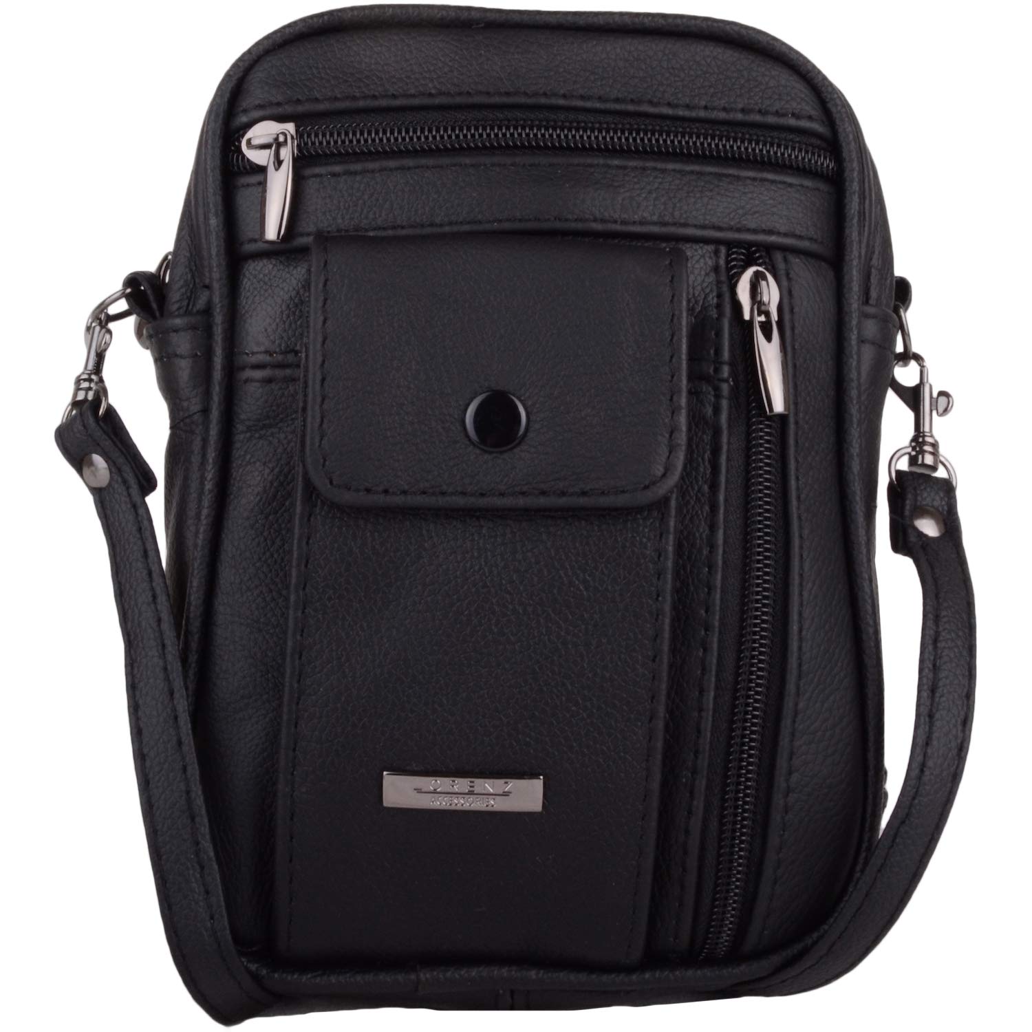 Men's Unisex Small Black Leather Bag Travel Organiser Pouch Camera Man Bag with adjustable shoulder strap