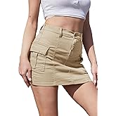 HERBATOMIA Women’s Cargo Mini Skirt Y2k Bodycon Button Stretchy Low Waist Solid Sexy Short Skirts for Women with Flap Pocket