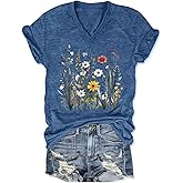Women's T-Shirts V-Neck Dragonfly Tee Cute Summer Graphic Shirts Vintage Boho Flowers Short Sleeve T Shirt