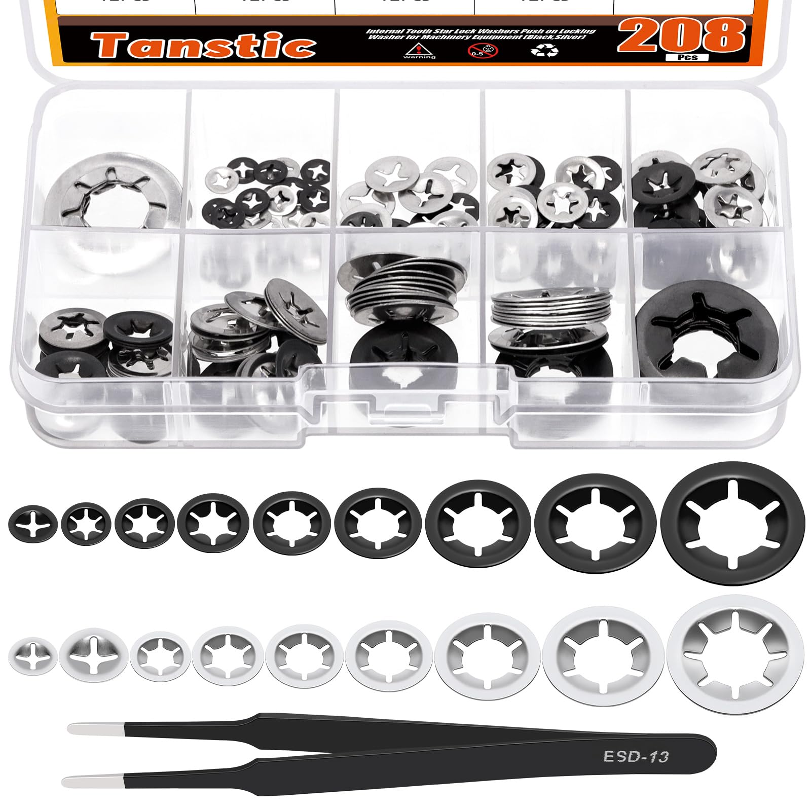 Tanstic 208Pcs Internal Tooth Star Lock Washers Push On Locking Washers Push Nuts Quick Speed Locking Washer with Tweezers for Machinery Equipment(M2, M2.5, M3, M4, M5, M6, M8, M10, M12) — image 1