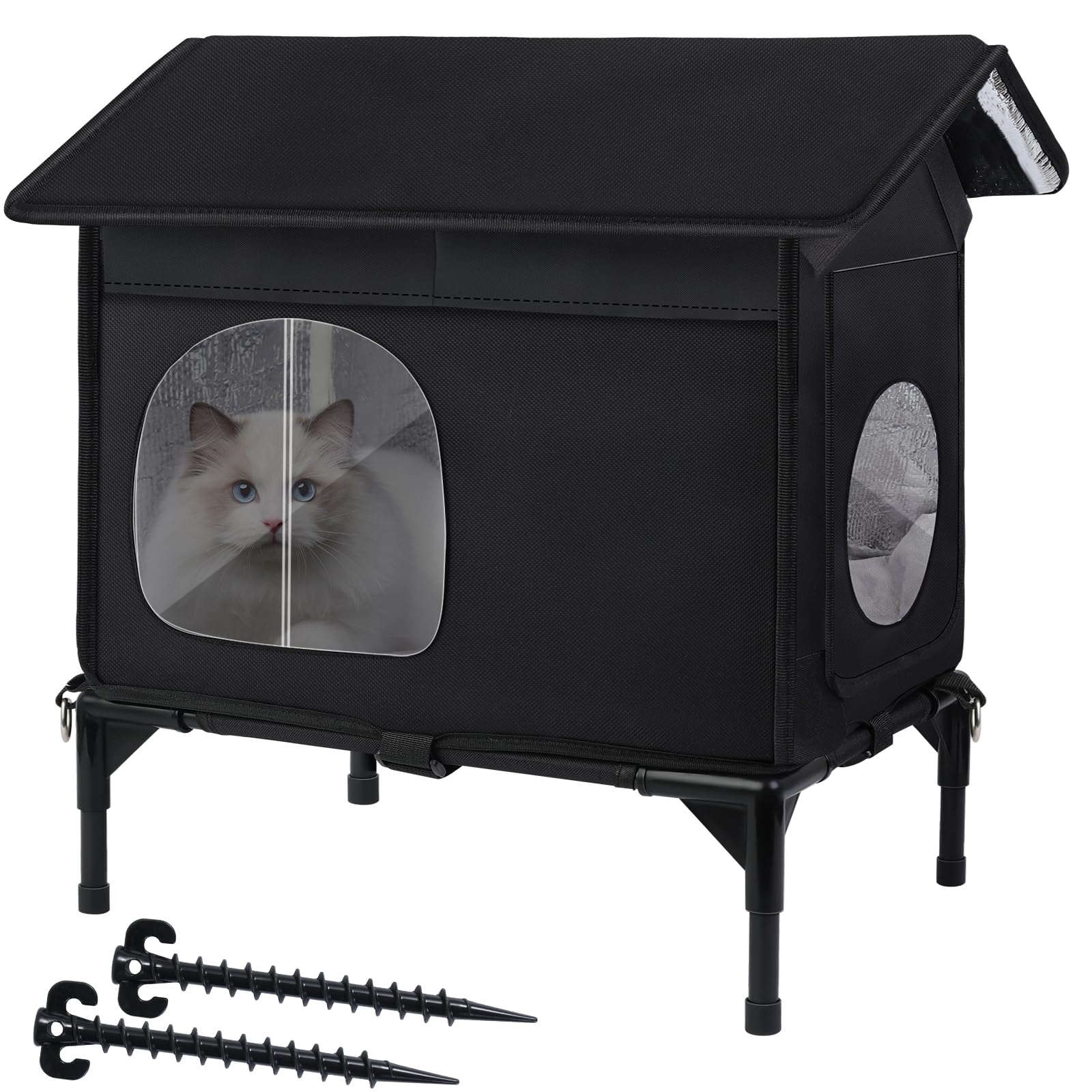 Photo 1 of Weatherproof Feral Cat Houses for Outdoor Cats, Insulated Cats House with Cozy Cushion, Elevated Outdoor Cat Shelter, Equipped with Escape Door, Outside Cat House for Stray Cats(Medium)