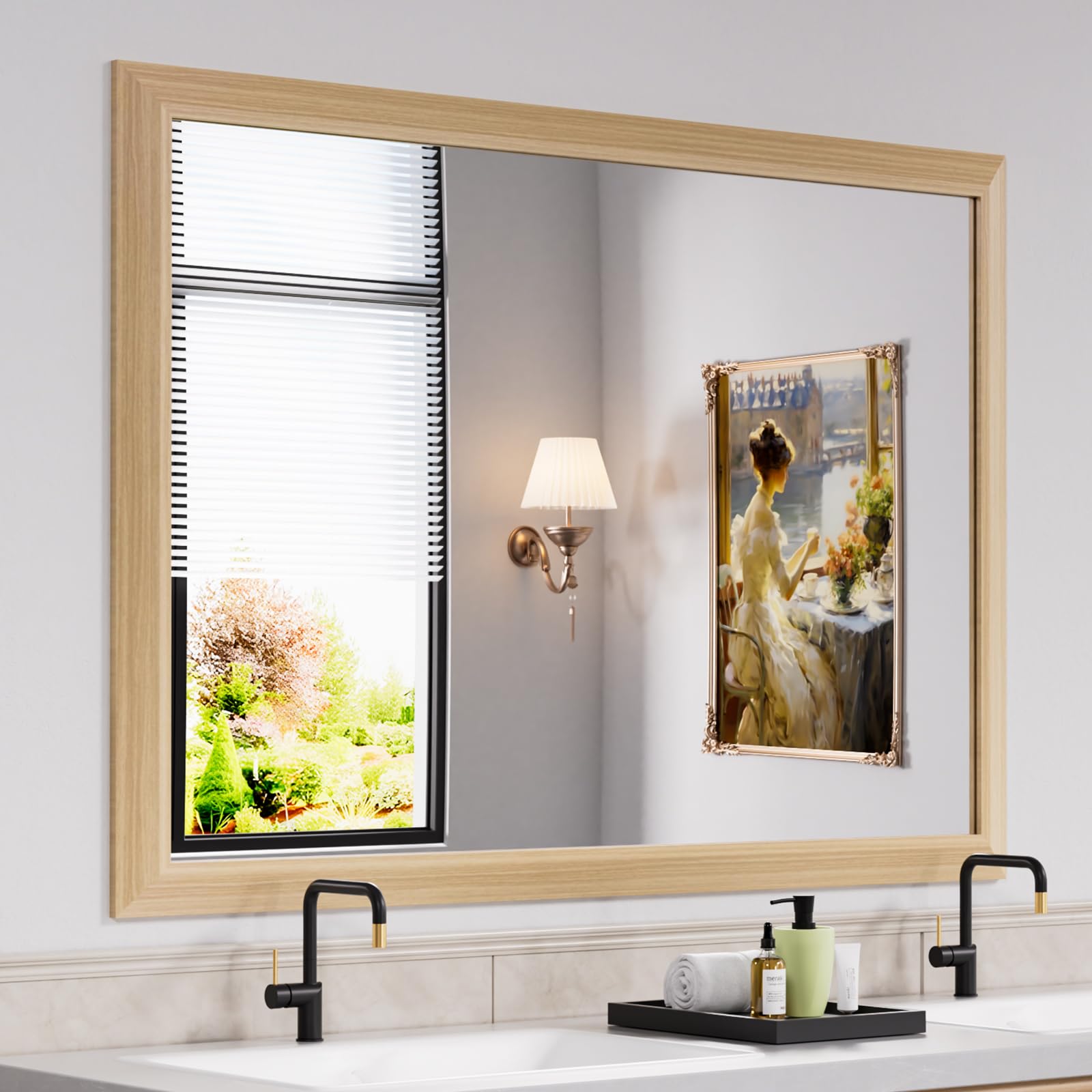Photo 1 of Amorho Bathroom Mirror, 50 X36 Inch Wall Mirror, Oak Wood Grain Metal Framed, Anti-Rust, Hang Horizontally/Vertically, Suitable for Bedroom, Farmhouse, Bathroom, Decorative