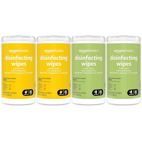 AMAZON BASICS DISINFECTING WIPES, LEMON & FRESH SCENT, SANITIZES/CLEANS/DISINFECTS/DEODORIZES, 340 COUNT (4 PACKS OF 85)