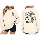 YHHR Mama Sweatshirts for Women Oversized Somebody's Feral Aunt Long Sleeve Shirt Mom Skeleton Graphic Rock Pullover Top