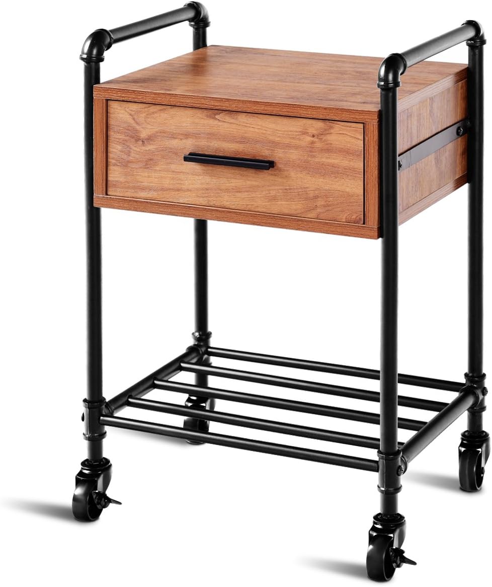Amazon Com Giantex Nightstand Side Table Industrial Style Vintage 2 Tier Side Table Rolling Cart Metal Frame W Storage Shelf Drawer 4 Rolling Wheels With 2 Locking Wheels For Living Room End Table 1 Kitchen