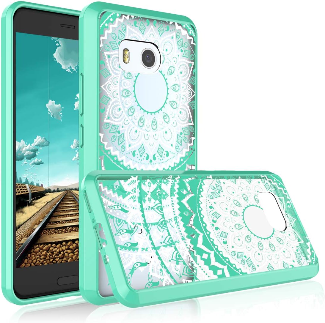Eutekcoo HTC U11 Phone Case, [Tflower Series] Retro Style Mandala Floral Hard Back Bumper Protective Phone Case [Clear Back Cover, Slim Fit, TPU Border] Flowers Printed for HTC U11 5.5 inch-Turquoise