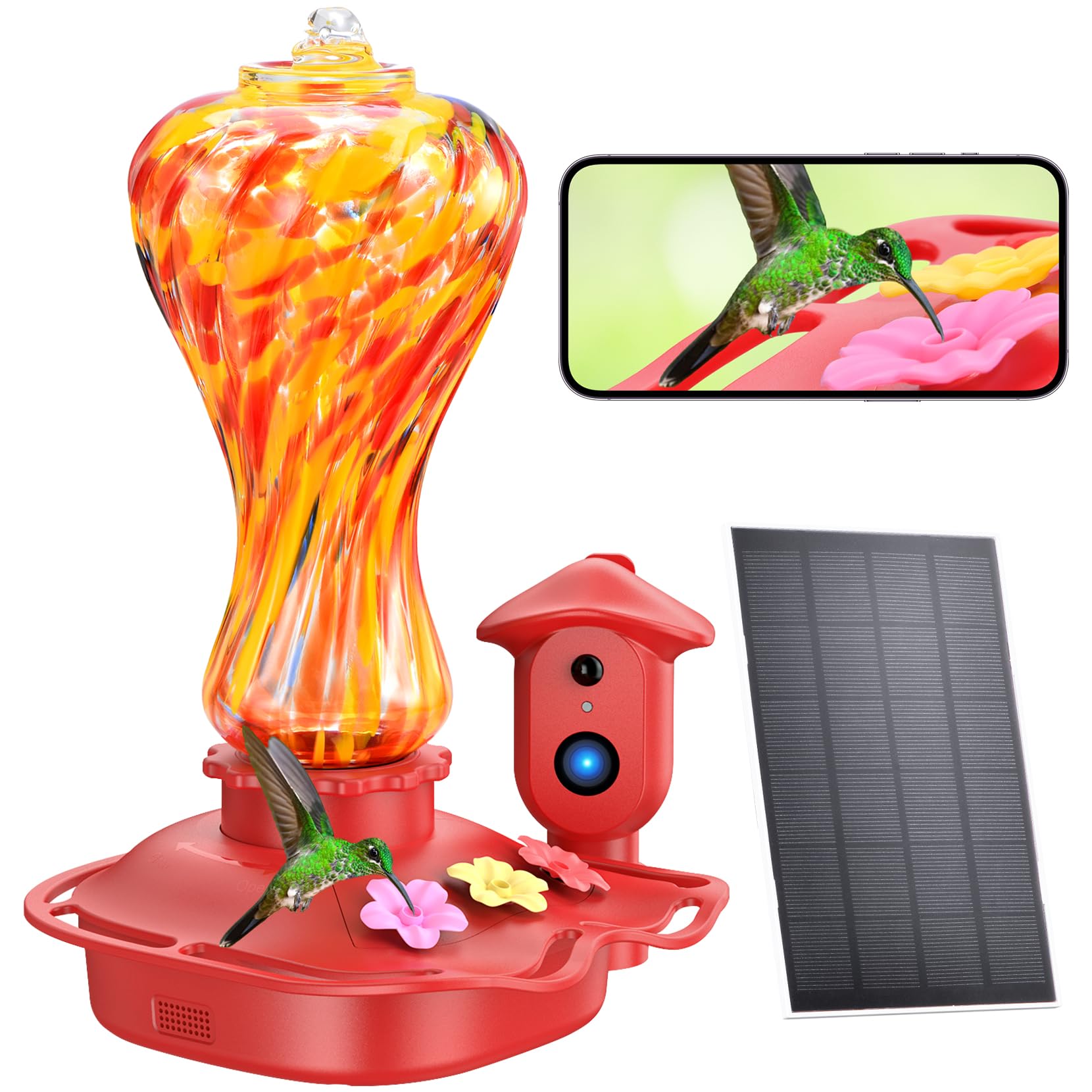 Photo 1 of Smart Glass Hummingbird Feeder with Camera, Solar Powered 2K HD Hummingbird Feeders for Outdoors Hanging, AI Identifies & Auto Recording, Leak-Proof Ant & Bee Proof, Ideal Gift for Bird Lovers