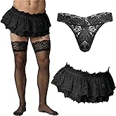 Jamntower 3 Pcs Sissy Accessories Men's Lace Skirt Thongs Panties Stockings Low Rise Lace Mesh Ruffled Lingerie