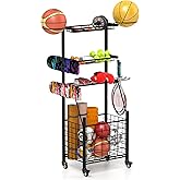 Suuiwau Sports Equipment Garage Organizer with Baseball Bat Holder and Hooks,Garage Ball Storage for Sports Gear and Toys, Rolling Ball Cart with Wheels for Indoor/Outdoor Use