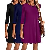 Huukeay 3 Pack Women's 3/4 Sleeve Dresses, Casual Crew Neck Loose fit Swing Autumn T-Shirt Dresses
