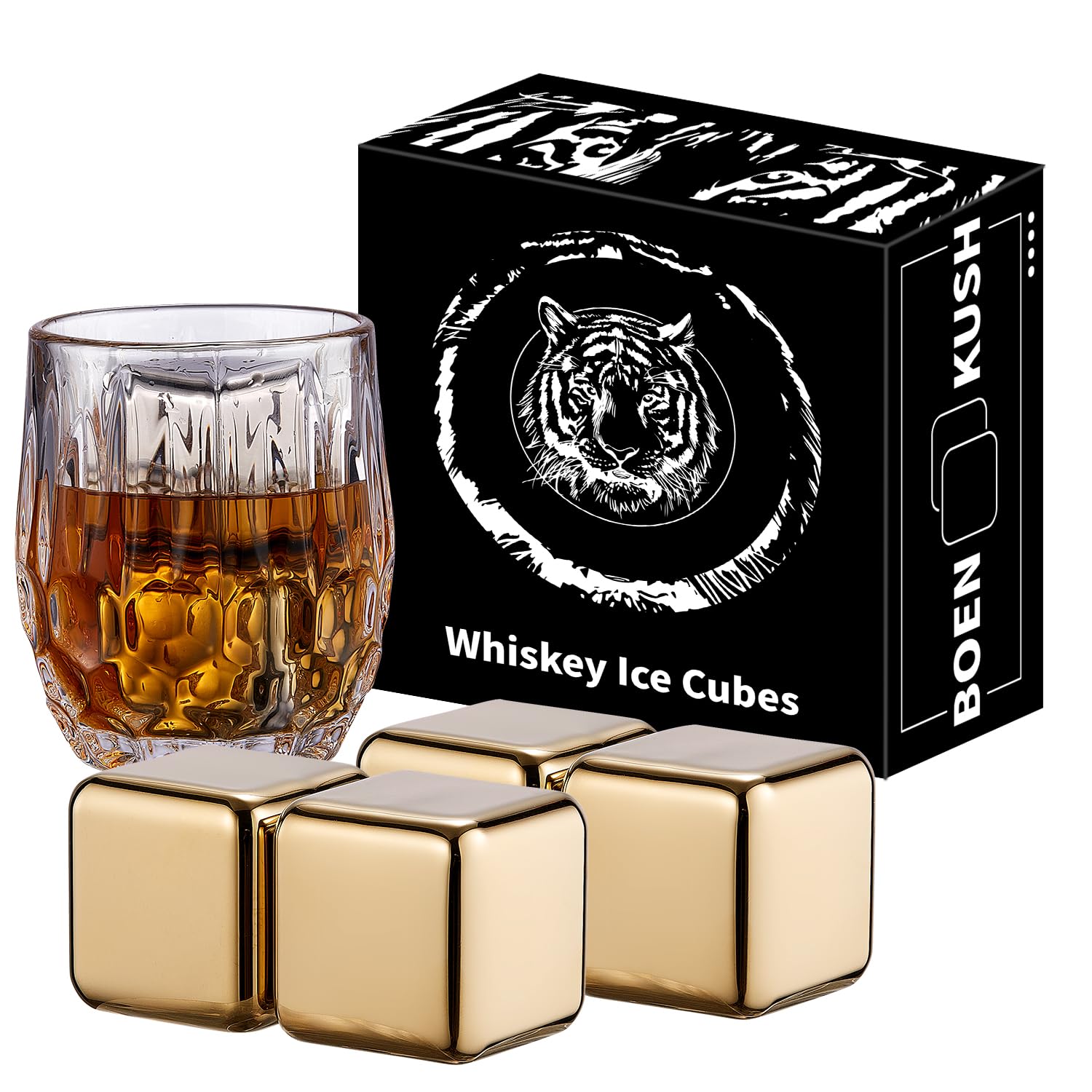 4 Large Whiskey Stones 64 cm³ - Man Gift Set - Reusable Stainless Steel Metal Ice Sphere Cubes Beverage Chilling Rocks Whiskey Stones for Red Wine, Bar Beer, Scotch, Vodka Drinks - Gold