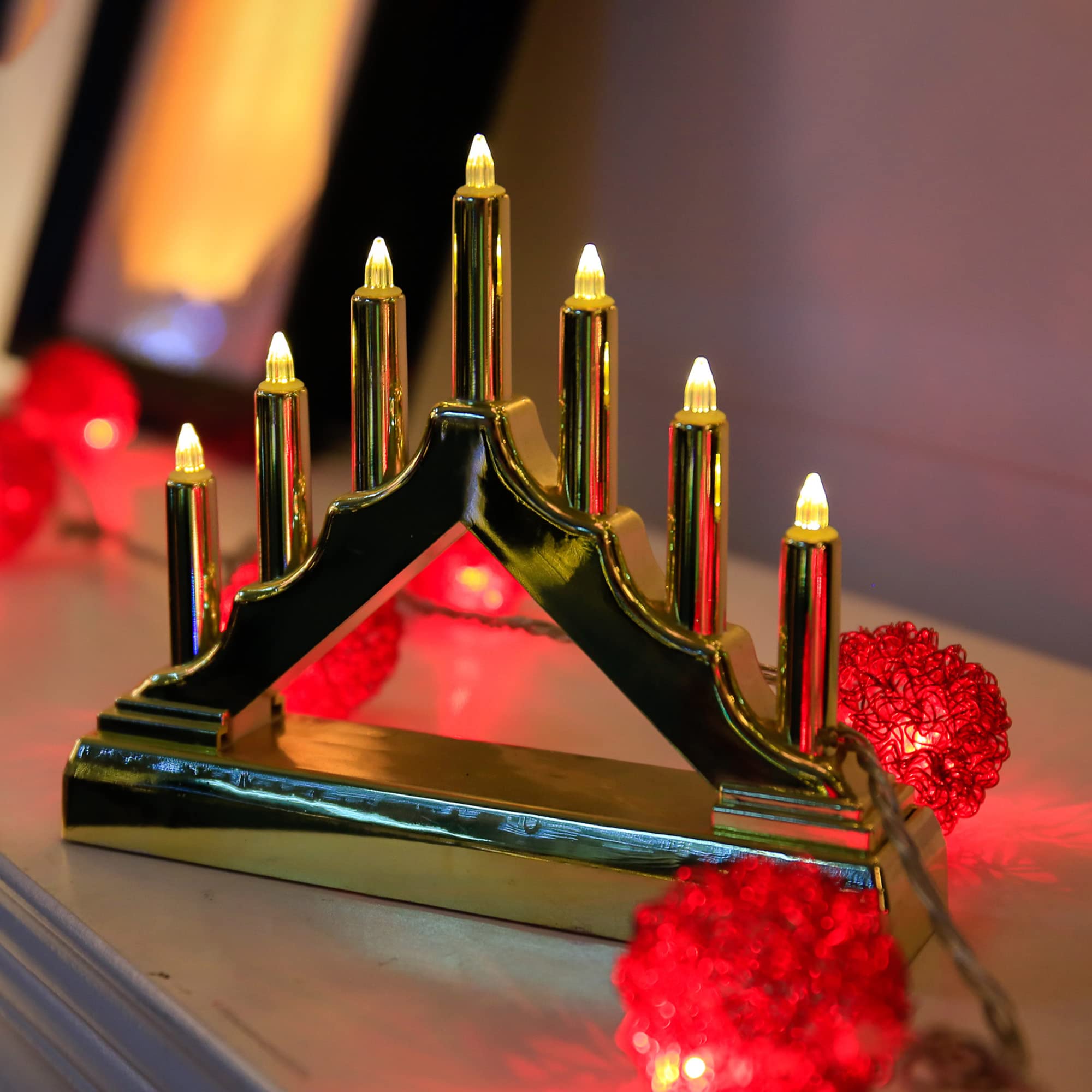 Hellum, LED Candle Holder, Candle Arch, Plastic, Gold, 7 Warm White LEDs, 16 x 13 cm, Indoor, Battery Operated (2AA), Christmas Decoration, 520965