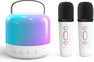 EMGYKIT Karaoke Machine for Kids Adults, Mini Portable Bluetooth Karaoke Speaker with 2 Wireless Microphone and Lights, Birthday Gifts for Girls Ages 4-12+