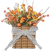 Thanksgiving Fall Door Hanger Basket Wreath Orange Pumpkin Wreath, Artificial Autumn Pumpkin Wreaths with Mixed Leaves Sunflower for Front Door Indoor Outdoor Decor Farmhouse Harvest Orange Wreaths