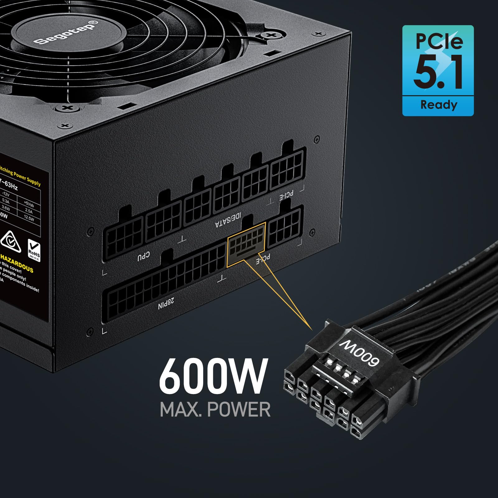 Segotep 750W Power Supply, 80 Plus Gold Full Modular PCIe 5.1 & ATX 3.1 Gaming PSU for NVIDIA RTX 20/30/40/50 Series & AMD GPU, 120mm Silent FDB Fan, Japanese Original Electrolytic Capacitors