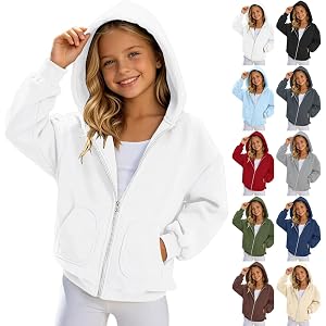 ZGTWHZY Girls Zip Up Hoodie Fashion Oversized Casual Cute Comfy Long Sleeve Sweatshirt Jacket with Pockets 4-15 Years