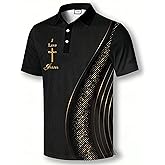 COOLLYME Christian Athletic Golf Polo, Black Performance Shirt with Gold Cross Design, Short Sleeve
