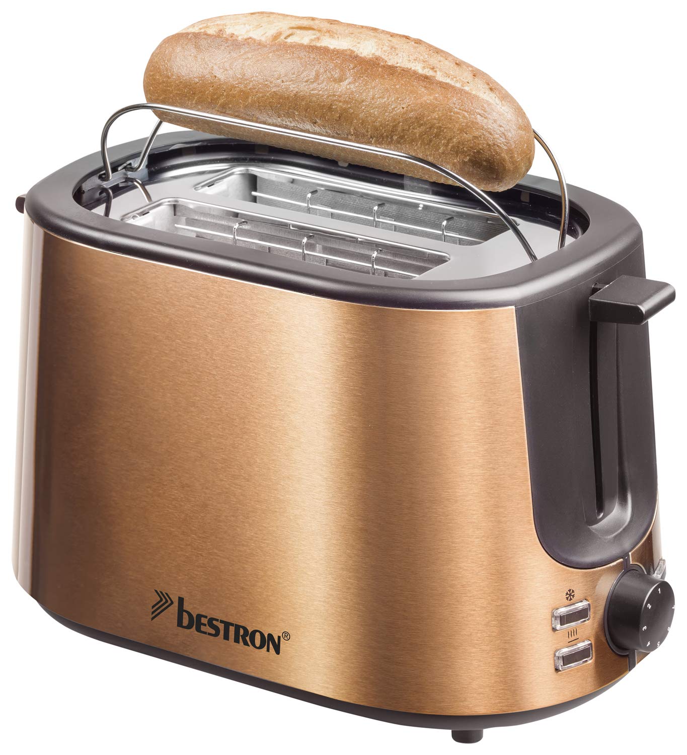 Bestron Toaster mit 2 Röstkammern, Krümelschublade und Brötchen-Röstaufsatz, 1.000 W, Edelstahl in Kupfer-Optik 2