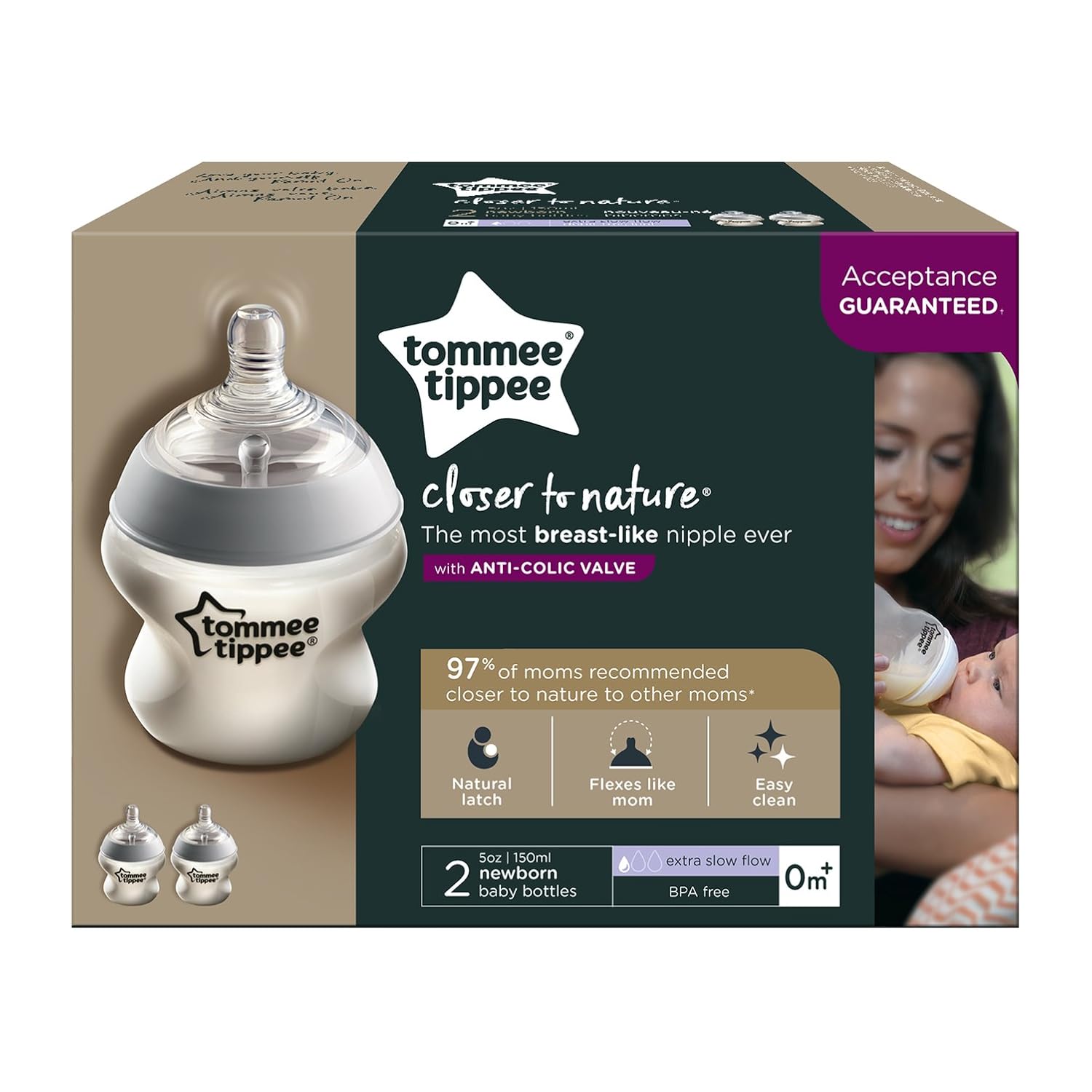 Tommee Tippee Closer to Nature Baby Bottle, AntiColic Valve, Breast