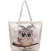 HKAENE Rope Handle Tote Bags Large Tote Bag with Rope Handles Sturdy Canvas Reusable Grocery Shopping Bags Tote Bag Beach Bag (Cute Owl)