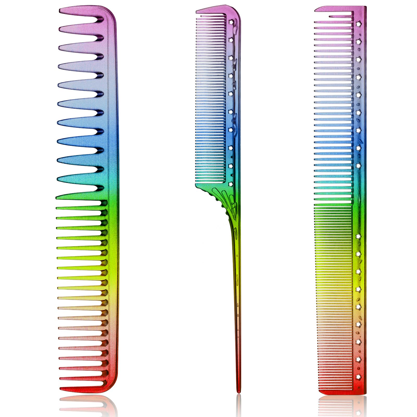 Patelai 3-Piece Rainbow Fine Tooth Comb for Women's Rat Tail Styling Salon Hair Comb Anti-Static Heat-Resistant Hairdressing Tools for Root Teasing