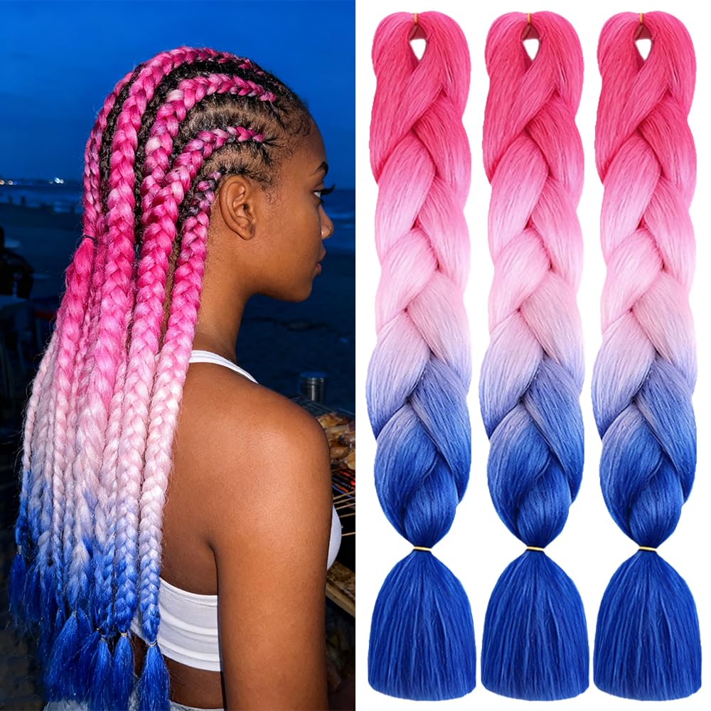 ShowJarlly Box Braid Hair Extensions, 24inch Peach/Light Pink/Royal Blue Ombre Jumbo Braid Hair, 3Packs Synthetic Jumbo Braiding Hair Extension Afro Hair Extensions for Braiding Crochet Twist Hair