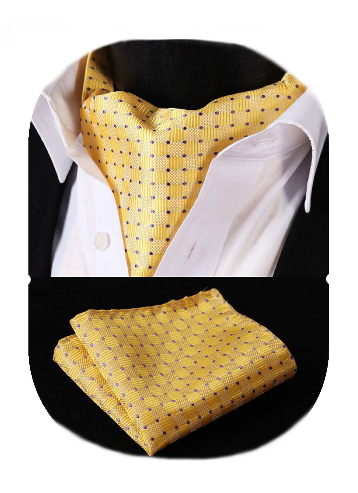 HISDERN Men's Check Polka Dot Floral Jacquard Woven Ascot Set, Yellow / Purple,