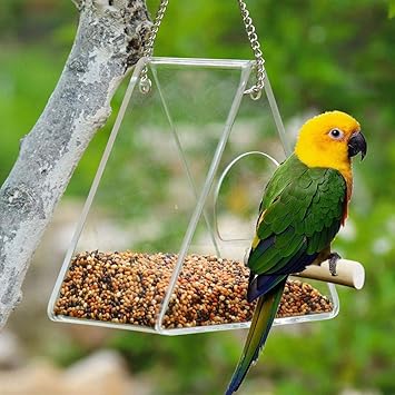 Linier Acrylic Bird Food Box With Suction Cup Outdoor Triangle