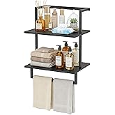 yeavs Wall Mounted Towel Rack for Bathroom Black | Bath Storage Holder, 3-Tier 15.7" Wide, Steel Wood Towel Shelf with Bar