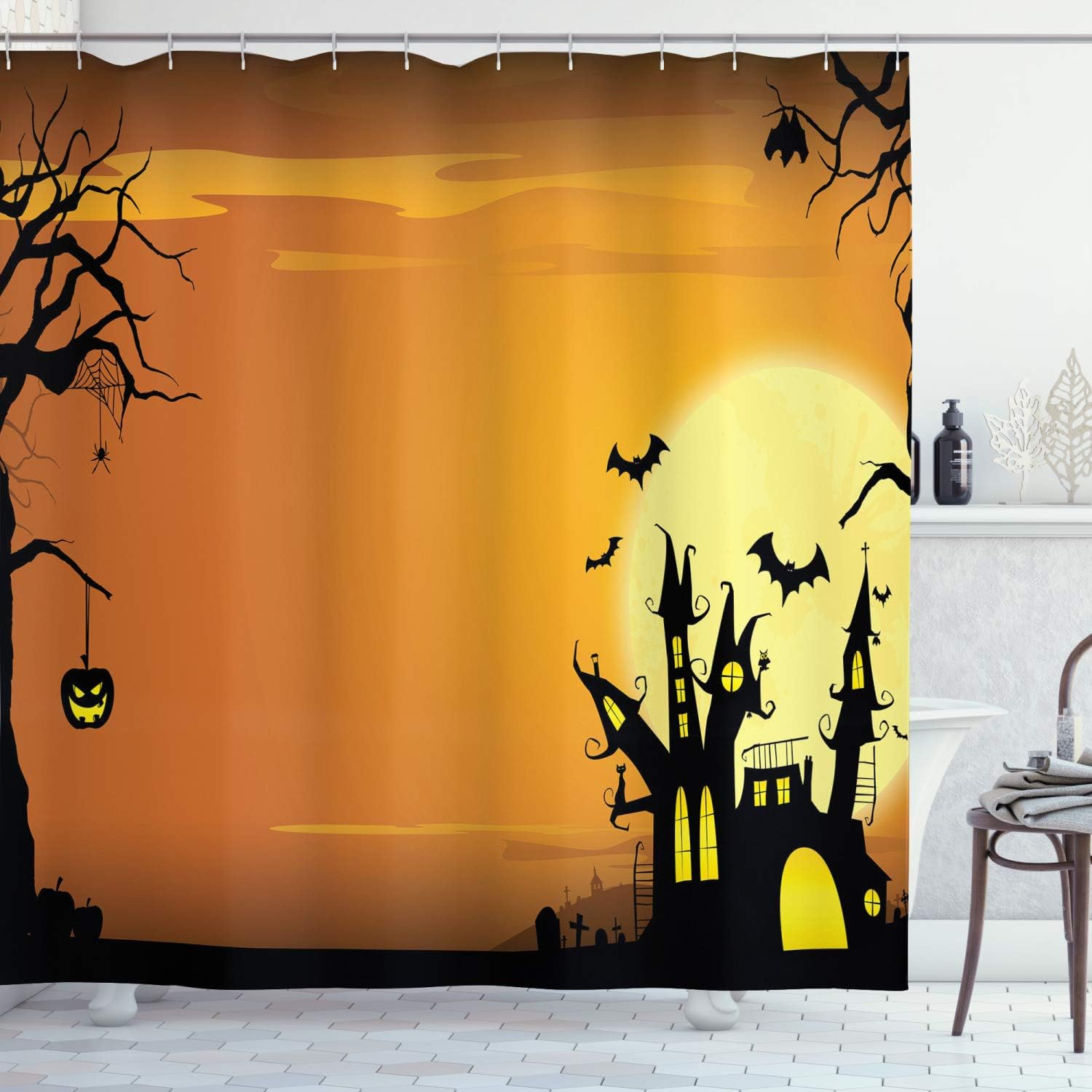 Halloween Decorations Shower Curtain Set By Ambesonne Gothic Haunted House Theme Flying Bats Western Spooky Night Scene With Pumpkin Bathroom Accessories 75 Inches Long Orange Black Amazon Co Uk Kitchen Home