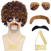 Tembol Disco Wig Men, 6Pcs Set 70s 80s Disco Costume Wig for Men with Glasses, Necklace and Mustache, Short Curly Hair Afro Mens Wig for Hippie Rocker Funny Cosplay Halloween Christmas Party