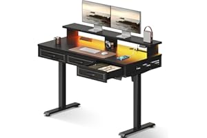 OffiGo Electric Standing Desk with 3 Wooden Drawers, 48 Inch Height Adjustable Desk with Power Outlets & LED Lights, Black Sit Stand Table with Monitor Stand for Home, Office, Workstation