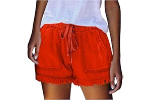 Binmer Womens Casual Drawstring Shorts Faux Denim Tassel Hem Lightweight Comfy Summer Elastic Waist Shorts Jeans with Pockets