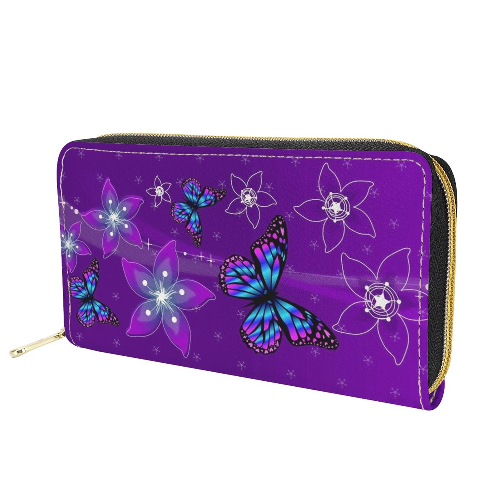 Dolyues Bright Purple Butterfly Print Ladies Purse Large Capacity Credit Card Bags with Coin Pocket Cash Holder Long Pu Leather Zipper