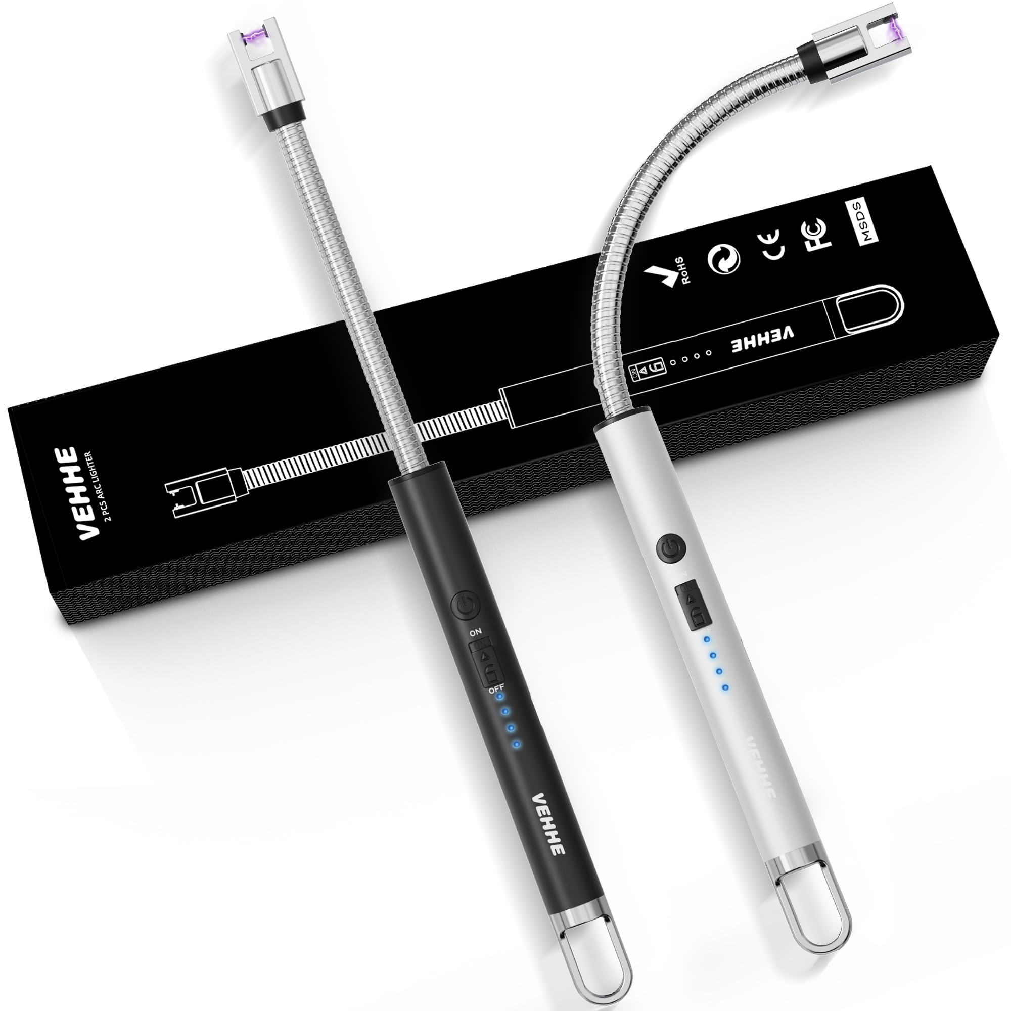 VEHHE Candle Lighter, 2 Pack Rechargeable Electric Lighters with LED Battery Display Safety Switch, Flexible Neck USB Lighter for Candles Camping Grill Gas Stoves Cooking (Black and Silver)
