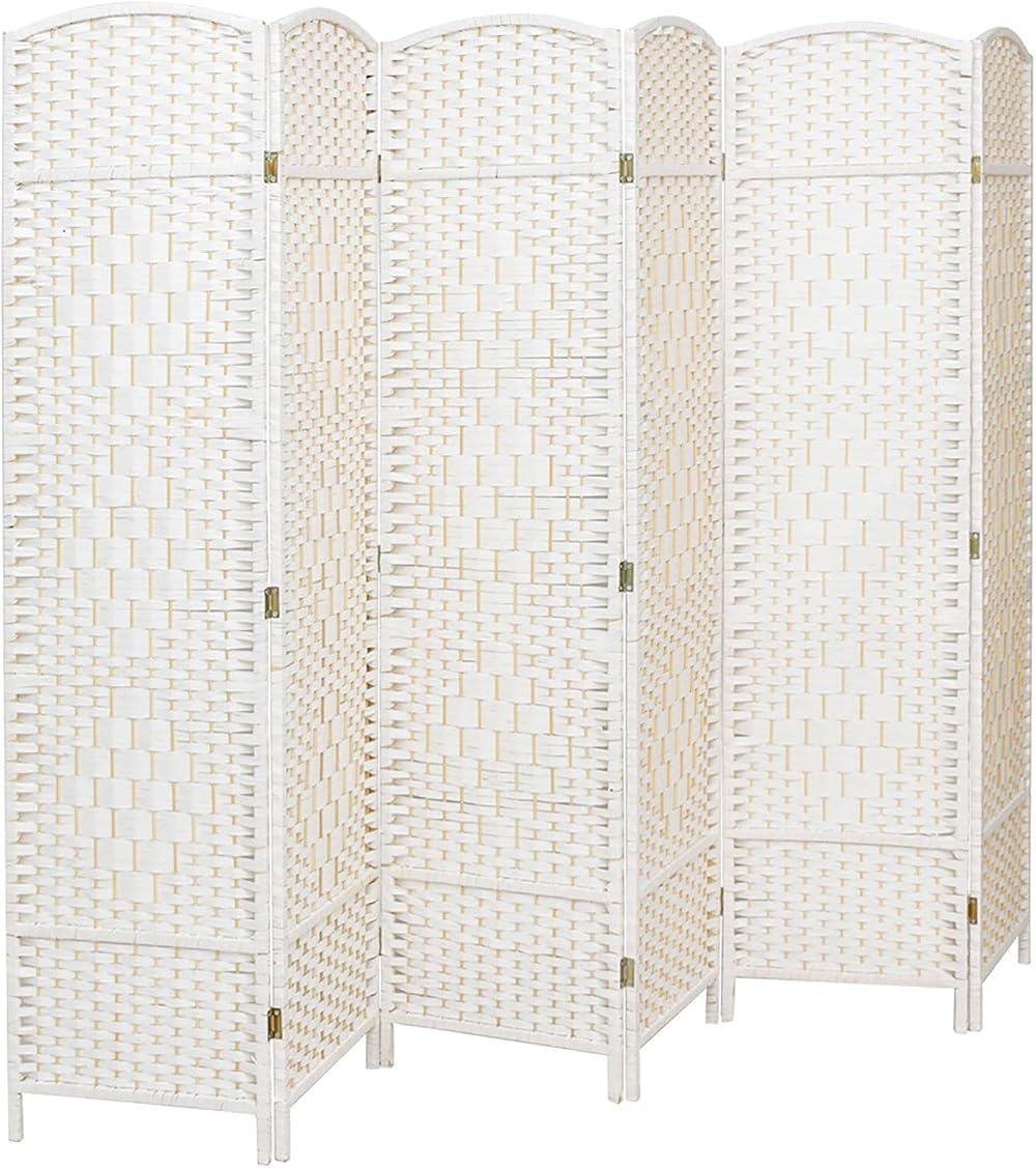 INMOZATA Handwoven Wicker Room Divider 6 Panel Foldable Privacy Screen White