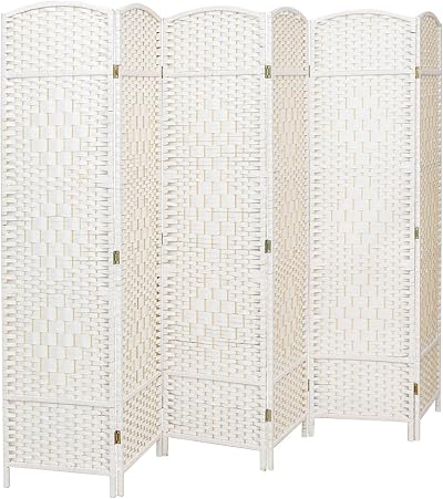 INMOZATA Handwoven Wicker Room Divider 6 Panel Foldable Privacy Screen White
