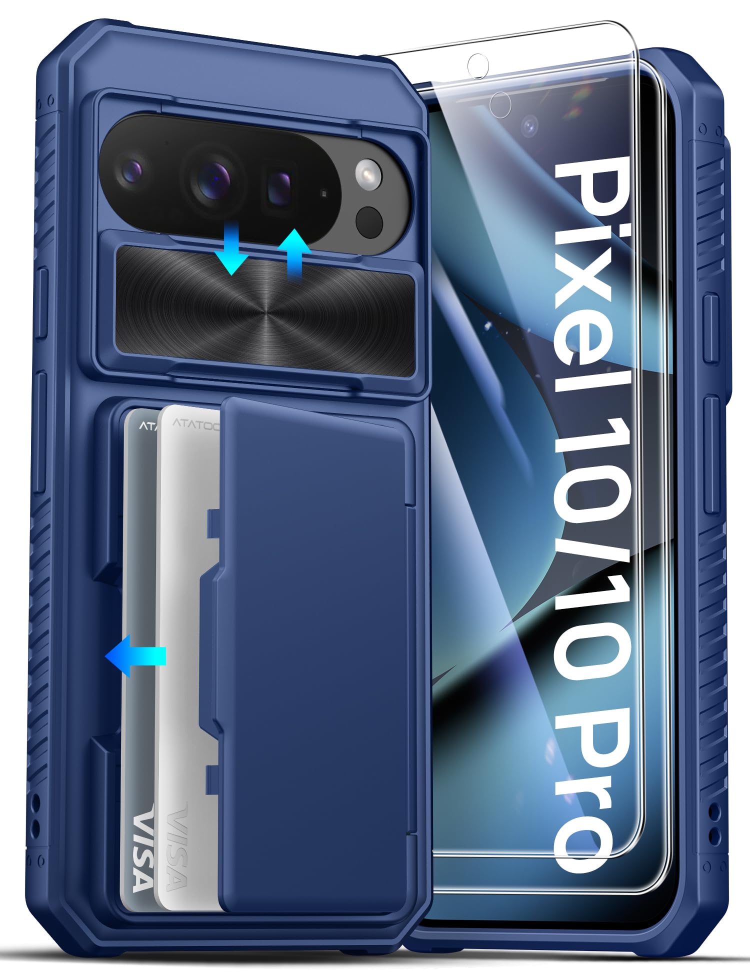 ATATOO for Google Pixel 10/10 Pro Case Wallet with HD Tempered Glass Screen Protector [2 Pack], Card Holder, Slide Camera Cover, Drop Protection, Hard Case for Google Pixel 10/10 Pro 6.3", Blue
