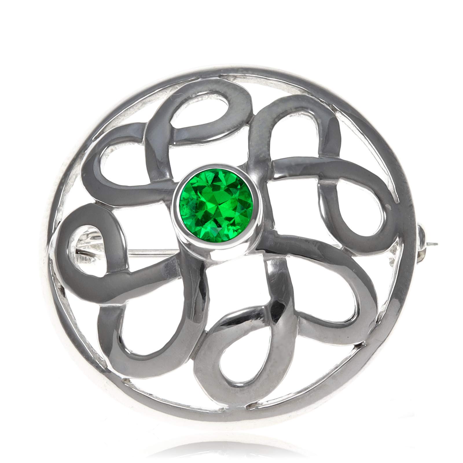Alexander Castle 925 Sterling Silver Celtic Brooch for Women - Ladies Brooch Pin with Green Cubic Zirconia & Jewellery Gift Box - 28mm