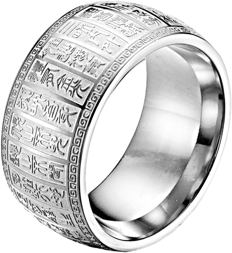 HIJONESMen's Stainless Steel Taoist Jin Guang Mantra Ring Seal Character Lucky Amulet Band