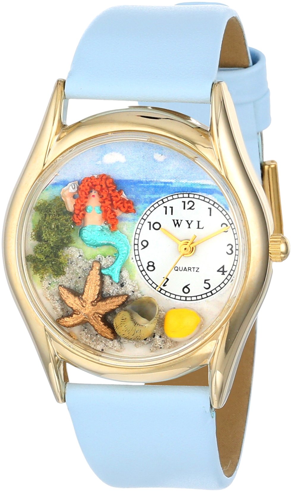 Whimsical Watches Mermaid Baby Blue Leather and Goldtone Unisex Quartz Watch with White Dial Analogue Display and Multicolour Leather Strap C-1210011