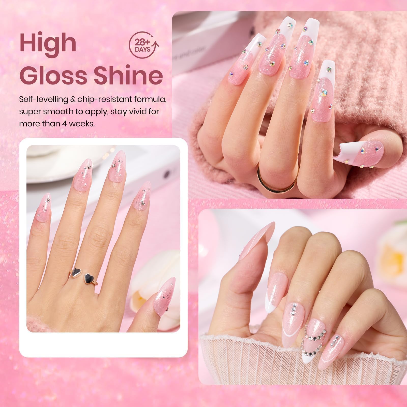 Beetles Glitter Gel Nail Polish Set, 6 Colors Jelly Pink Gel Polish Kit Sheer Shimmer Pink Translucent Effect Soak off UV Nail Concealer Spring Summer Manicure Salon Gift for Women - Image 4