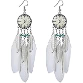 Boho Long Enamel Feather Dangle Drop Statement Stud Earring for Women Bohemian Ball Beaded Turquoise Tassel Dangling Link Piercing Fish Hook Earrings Ethnic Style Vintage Jhumka Jhumki Party Halloween Christmas Jewelry